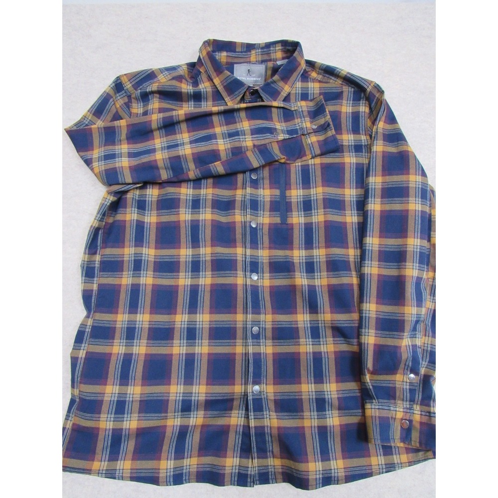 Royal Robbins Mens XXL Active Fit Plaid Snap Front Hiking Shirt Blue Yellow - Picture 2 of 8